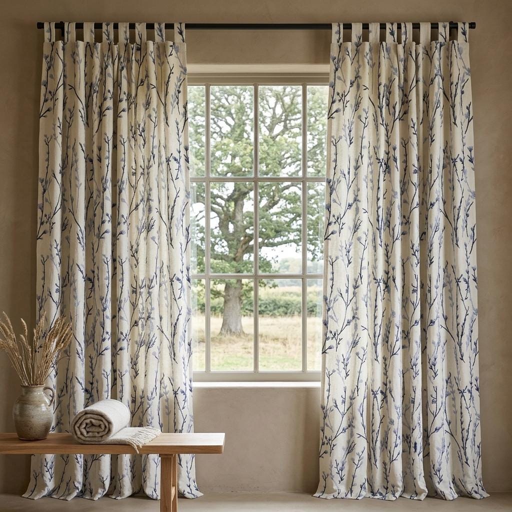 Navy & Dusty Blue Wildflower Embroidered Pure Linen Curtains, Ivory Botanical Drapes, Custom Blackout or Light Filtering Panels — image 3