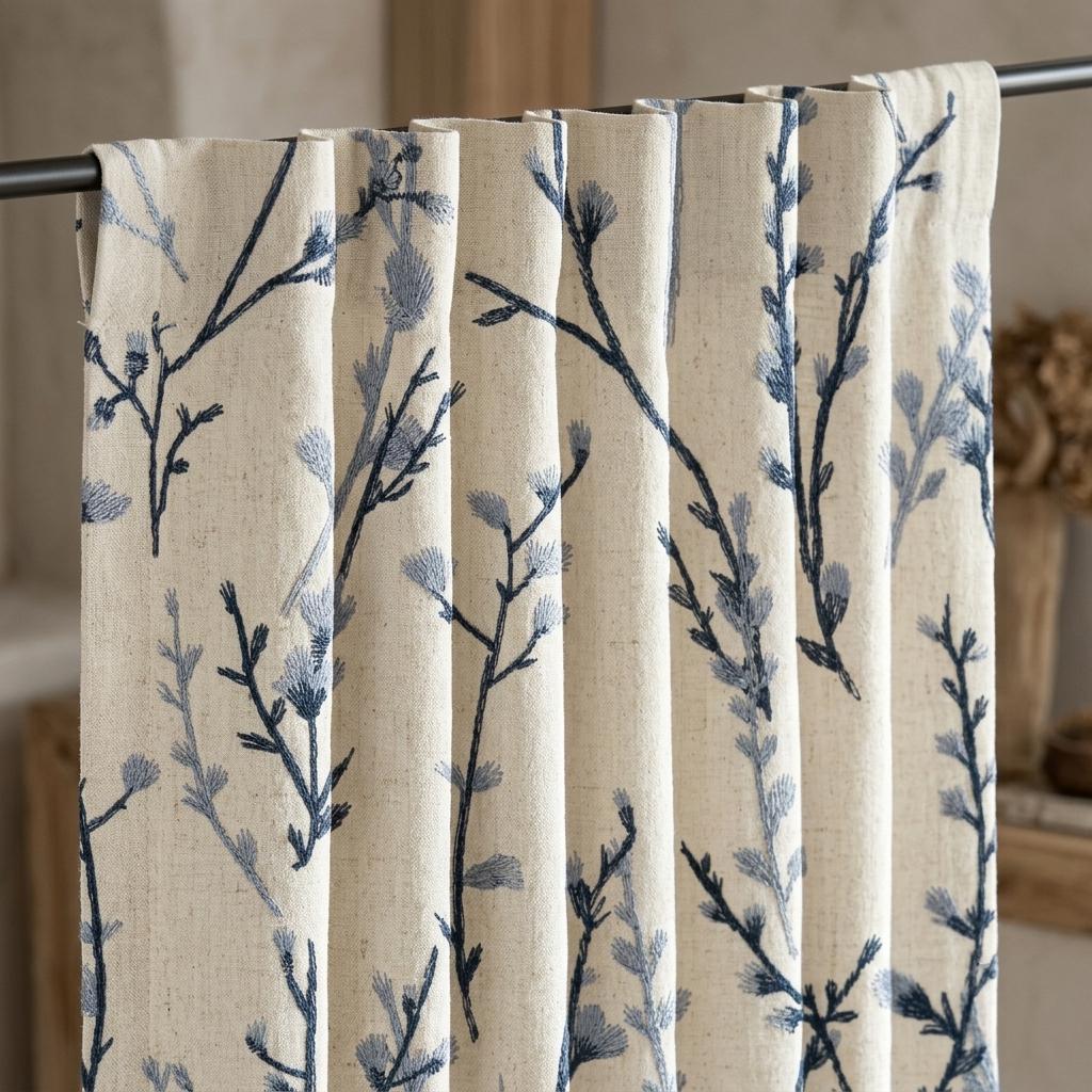 Navy & Dusty Blue Wildflower Embroidered Pure Linen Curtains, Ivory Botanical Drapes, Custom Blackout or Light Filtering Panels — image 6