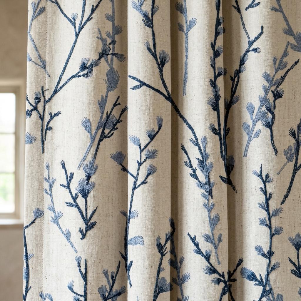 Navy & Dusty Blue Wildflower Embroidered Pure Linen Curtains, Ivory Botanical Drapes, Custom Blackout or Light Filtering Panels — image 1