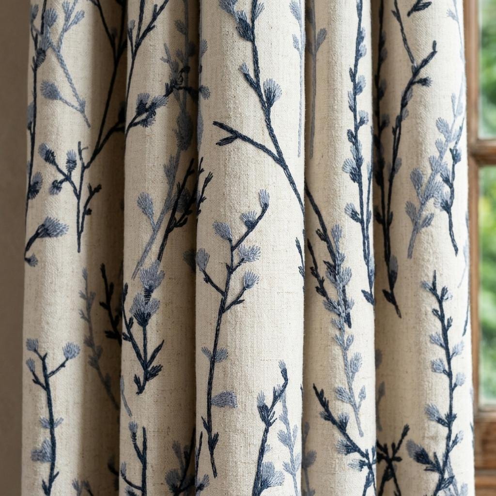 Navy & Dusty Blue Wildflower Embroidered Pure Linen Curtains, Ivory Botanical Drapes, Custom Blackout or Light Filtering Panels — image 5