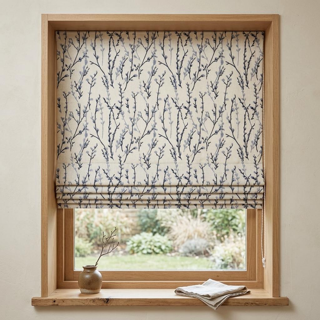 Navy & Powder Blue Wildflower Pure Linen Roman Shade, Ivory Embroidered Botanical Custom Corded Window Blind, Blackout or Light Filtering — image 1