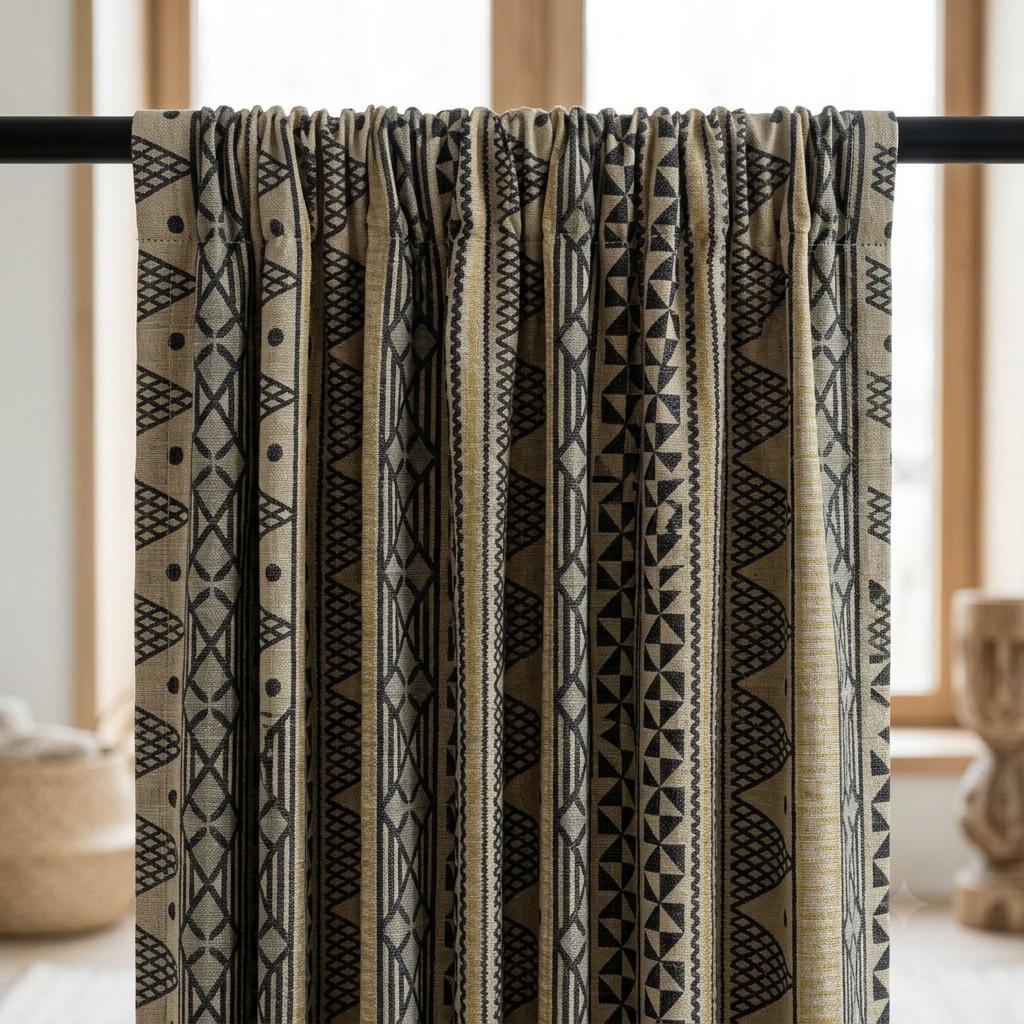 Black Mustard Tribal Printed Pure Linen Curtains, Beige Geometric Boho Drapes, Custom Blackout or Light Filtering Window Panels — image 6