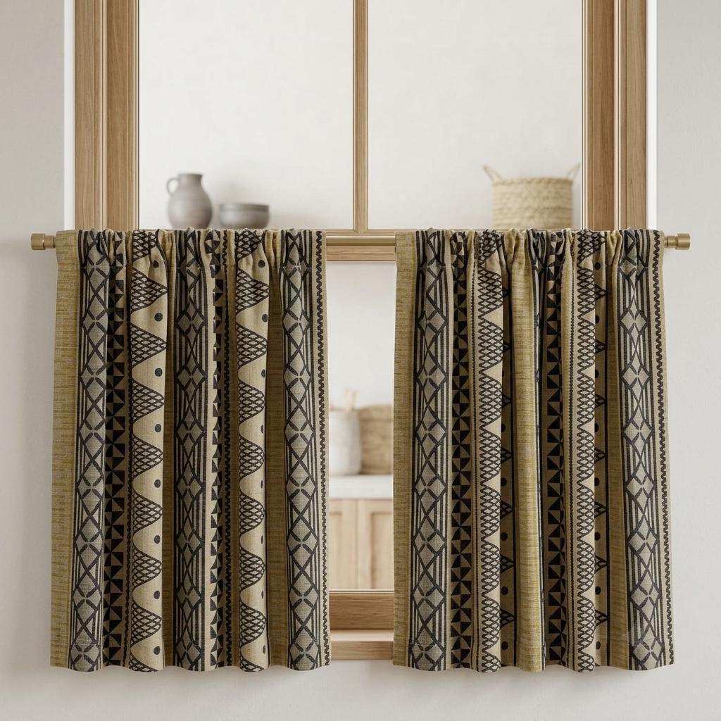 Black Mustard Tribal Printed Pure Linen Curtains, Beige Geometric Boho Drapes, Custom Blackout or Light Filtering Window Panels — image 7
