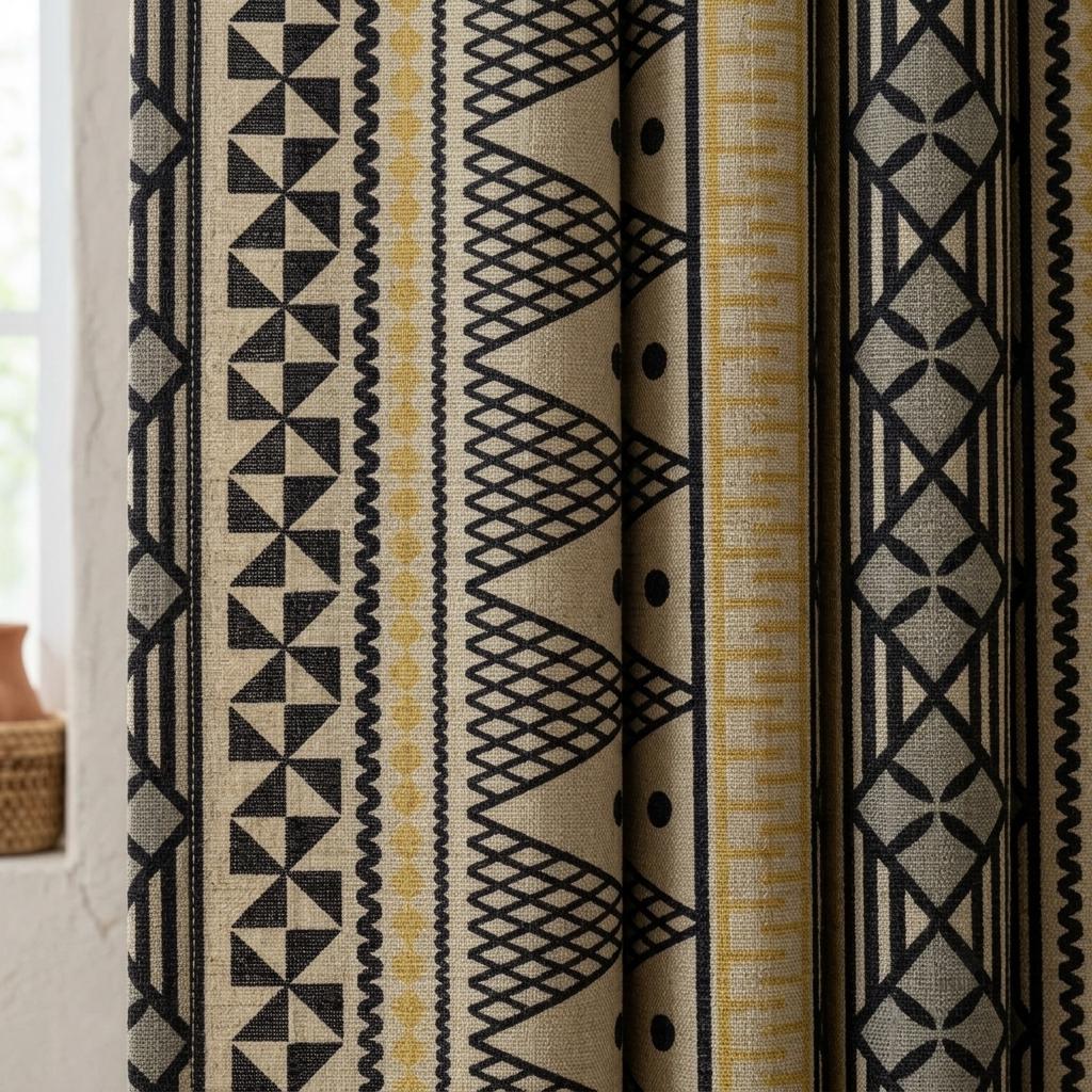 Black Mustard Tribal Printed Pure Linen Curtains, Beige Geometric Boho Drapes, Custom Blackout or Light Filtering Window Panels — image 1