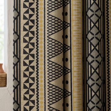 Black Mustard Tribal Printed Pure Linen Curtains, Beige Geometric Boho Drapes, Custom Blackout or Light Filtering Window Panels — image 1