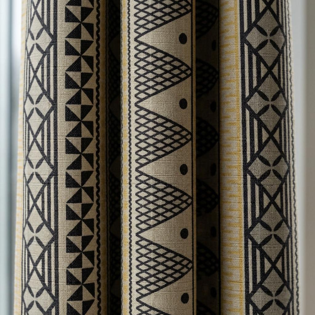 Black Mustard Tribal Printed Pure Linen Curtains, Beige Geometric Boho Drapes, Custom Blackout or Light Filtering Window Panels — image 9