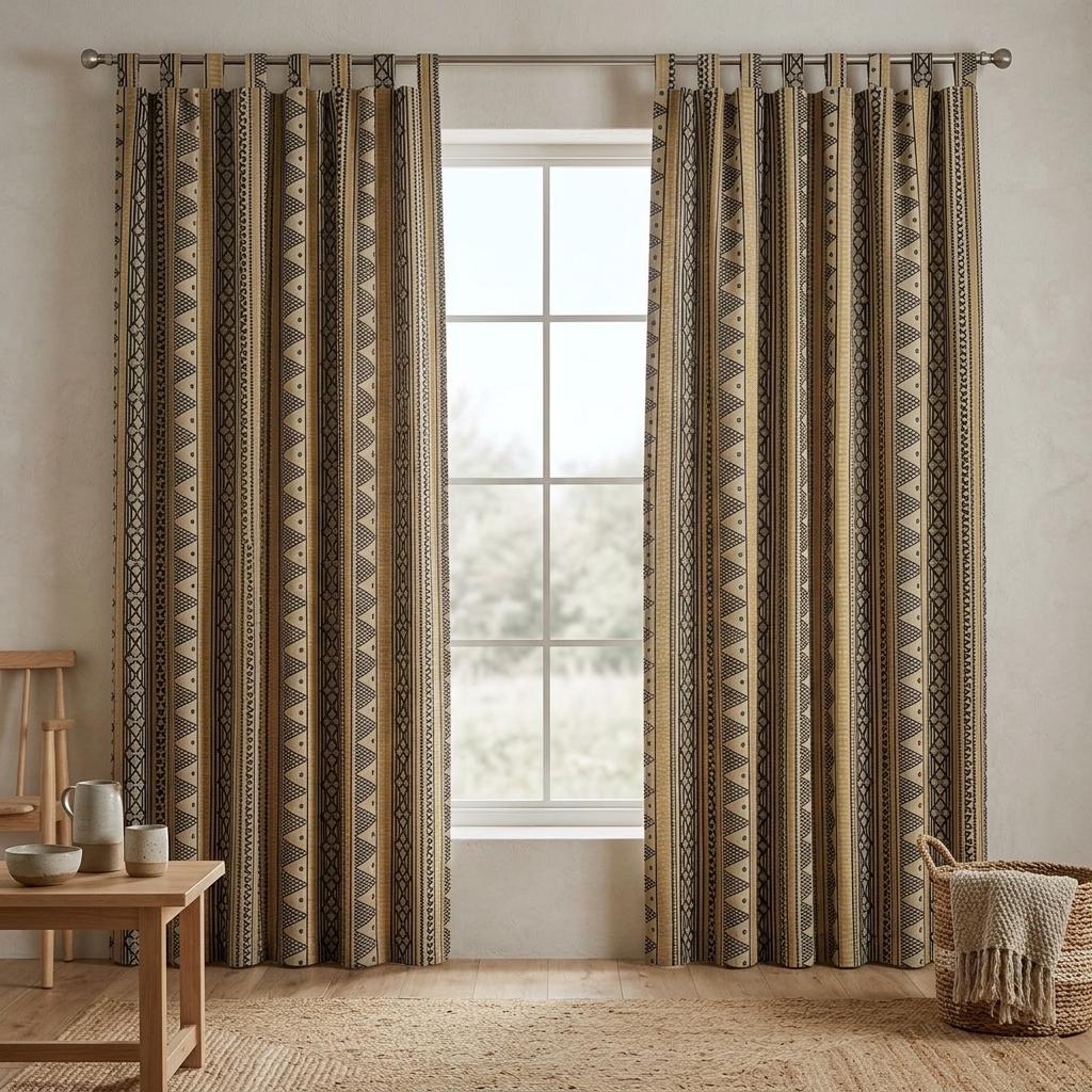Black Mustard Tribal Printed Pure Linen Curtains, Beige Geometric Boho Drapes, Custom Blackout or Light Filtering Window Panels — image 10