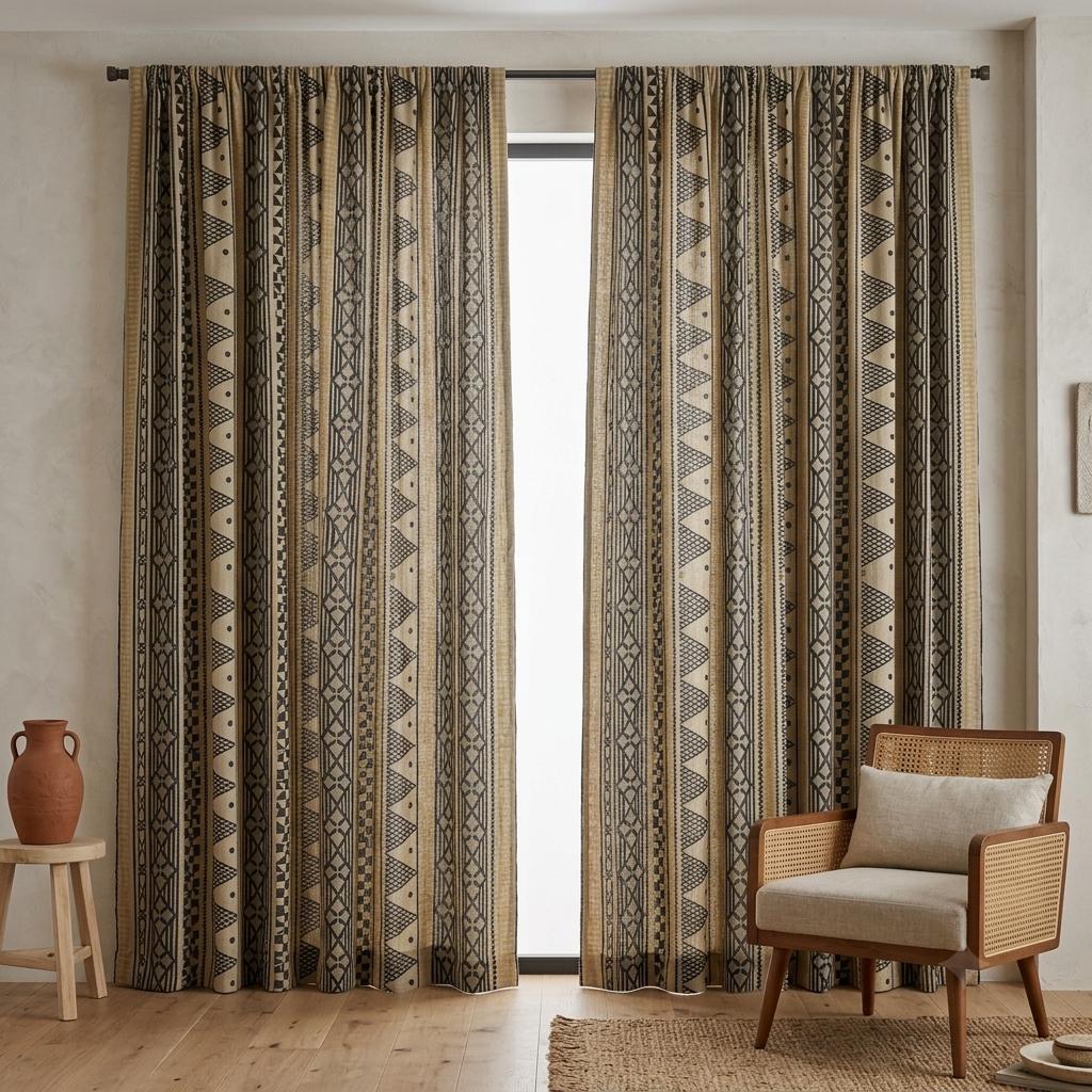 Black Mustard Tribal Printed Pure Linen Curtains, Beige Geometric Boho Drapes, Custom Blackout or Light Filtering Window Panels — image 4