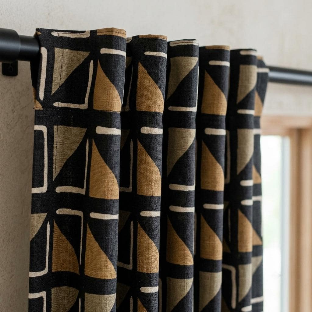 Black Camel Ivory Tribal Linen Curtains, Boho Geometric Print Drapes, Heavy Custom Blackout Panels, Living Room Decor — image 3