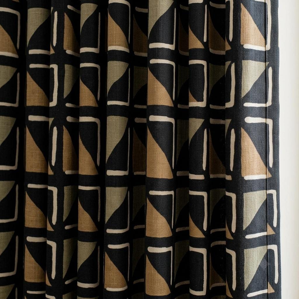 Black Camel Ivory Tribal Linen Curtains, Boho Geometric Print Drapes, Heavy Custom Blackout Panels, Living Room Decor — image 6