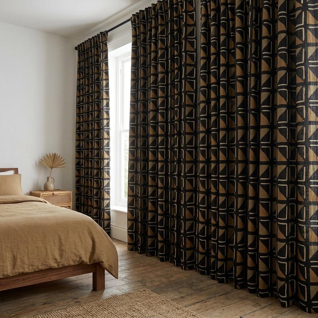 Black Camel Ivory Tribal Linen Curtains, Boho Geometric Print Drapes, Heavy Custom Blackout Panels, Living Room Decor — image 9