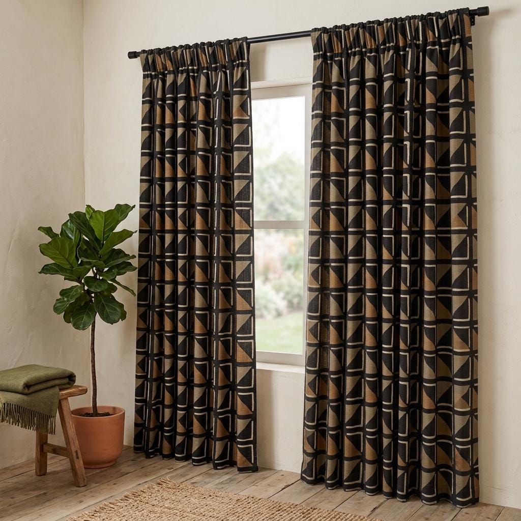 Black Camel Ivory Tribal Linen Curtains, Boho Geometric Print Drapes, Heavy Custom Blackout Panels, Living Room Decor — image 2