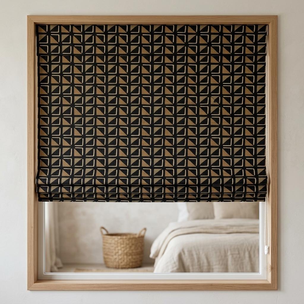 Black Beige Linen Roman Shade, Tribal Boho Geometric Roman Blind, Custom Corded Window Shade, Camel Neutral Blackout — image 5
