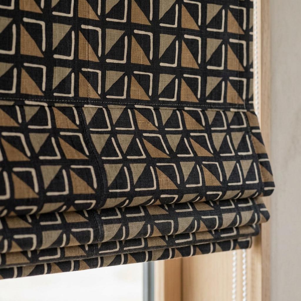 Black Beige Linen Roman Shade, Tribal Boho Geometric Roman Blind, Custom Corded Window Shade, Camel Neutral Blackout — image 7