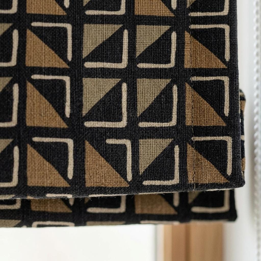 Black Beige Linen Roman Shade, Tribal Boho Geometric Roman Blind, Custom Corded Window Shade, Camel Neutral Blackout — image 6