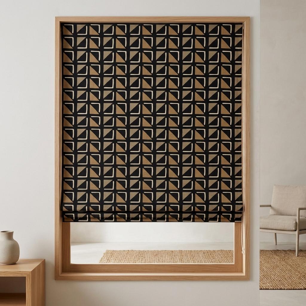 Black Beige Linen Roman Shade, Tribal Boho Geometric Roman Blind, Custom Corded Window Shade, Camel Neutral Blackout — image 2