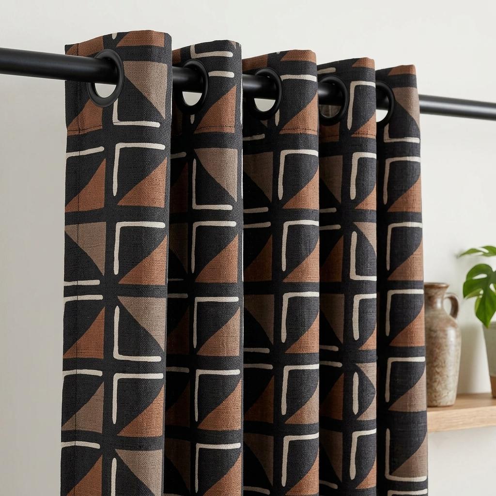 Black Terracotta Ivory Tribal Linen Curtains, Boho Geometric Drapes, Custom Blackout Panels, Modern Rustic Decor — image 6