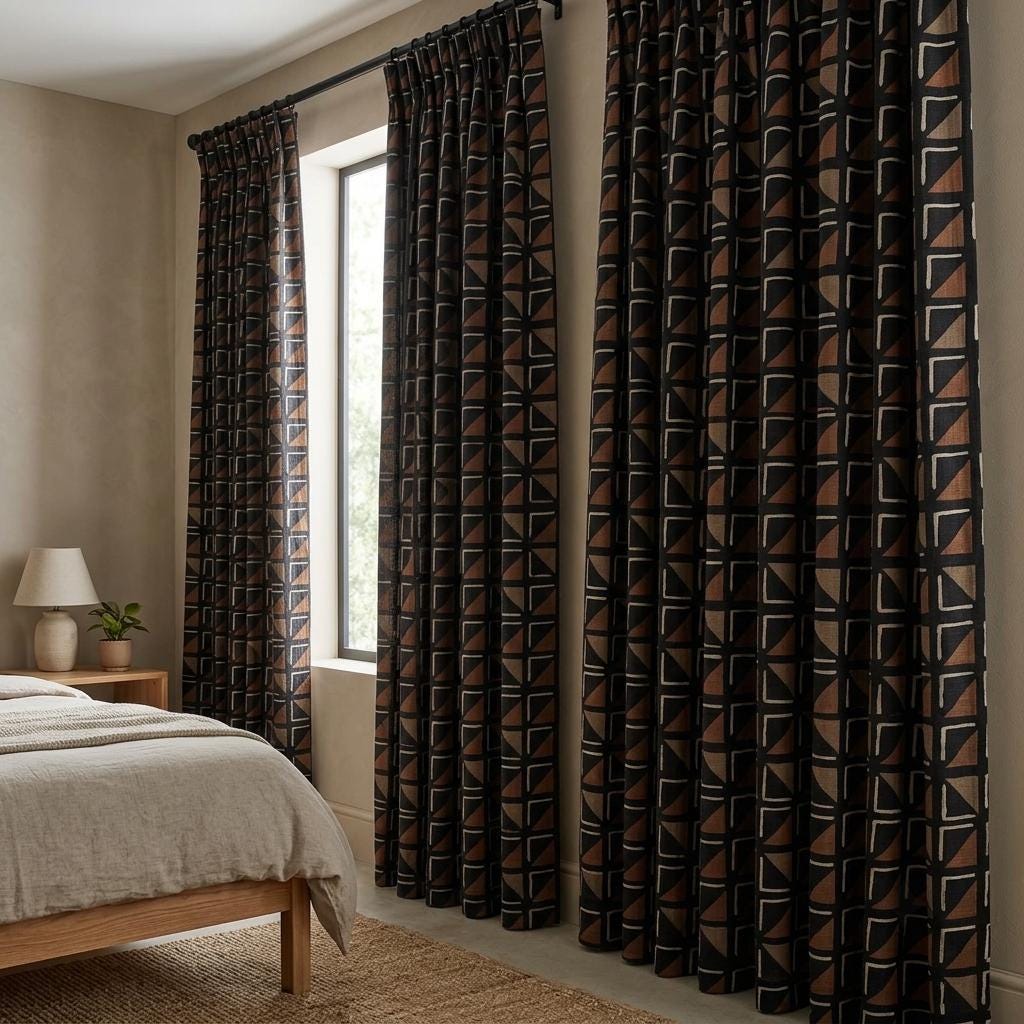 Black Terracotta Ivory Tribal Linen Curtains, Boho Geometric Drapes, Custom Blackout Panels, Modern Rustic Decor — image 5