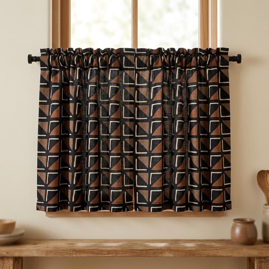Black Terracotta Ivory Tribal Linen Curtains, Boho Geometric Drapes, Custom Blackout Panels, Modern Rustic Decor — image 8