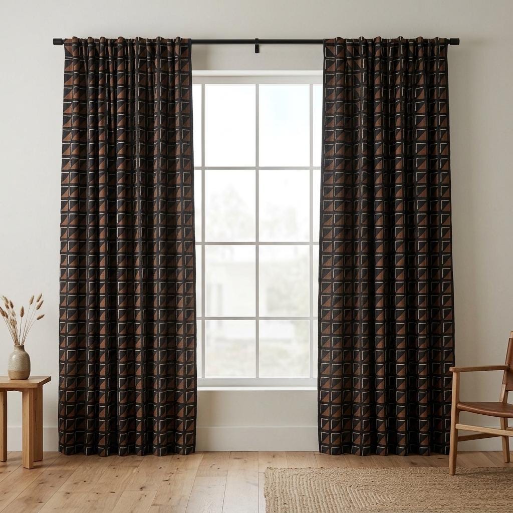 Black Terracotta Ivory Tribal Linen Curtains, Boho Geometric Drapes, Custom Blackout Panels, Modern Rustic Decor — image 7