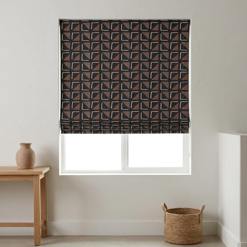 Black Rust Linen Roman Shade, Tribal Boho Geometric Roman Blind, Custom Corded Window Shade, Beige Terracotta Blackout — image 1