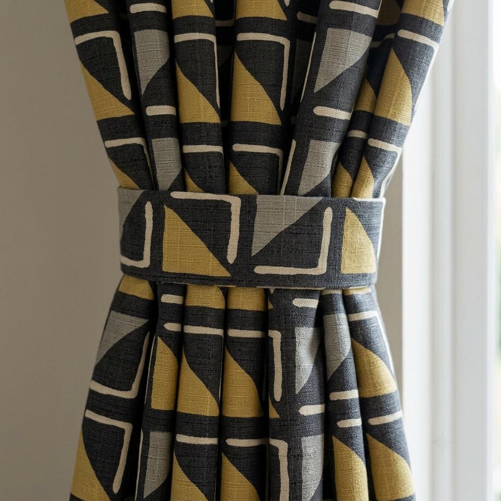 Black Mustard Ivory Tribal Linen Curtains, Boho Geometric Drapes, Custom Blackout Panels, Modern Rustic Decor — image 1