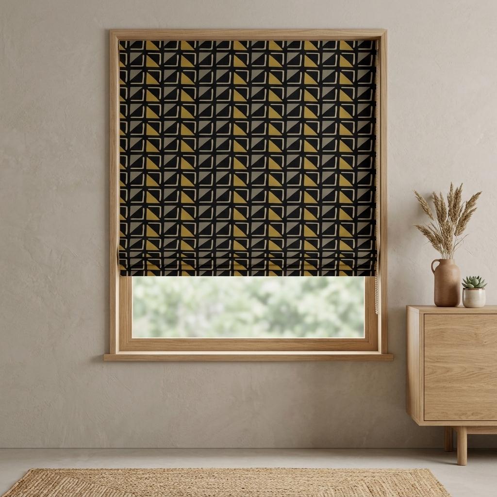 Black Mustard Linen Roman Shade, Tribal Boho Geometric Roman Blind, Custom Corded Window Shade, Gray Ivory Blackout — image 2