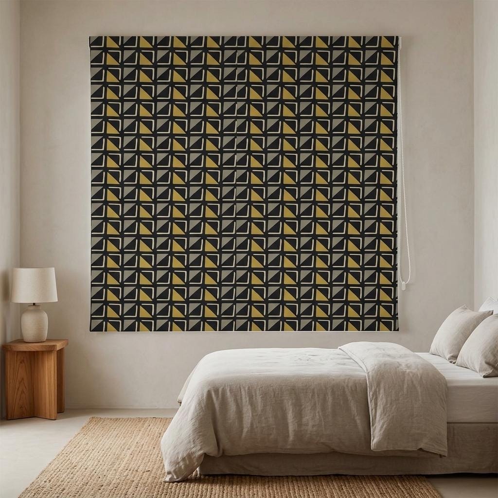 Black Mustard Linen Roman Shade, Tribal Boho Geometric Roman Blind, Custom Corded Window Shade, Gray Ivory Blackout — image 10