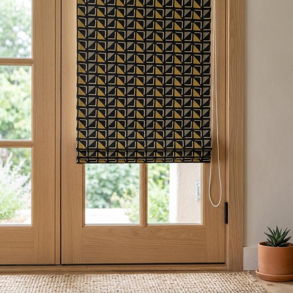 Black Mustard Linen Roman Shade, Tribal Boho Geometric Roman Blind, Custom Corded Window Shade, Gray Ivory Blackout — image 5