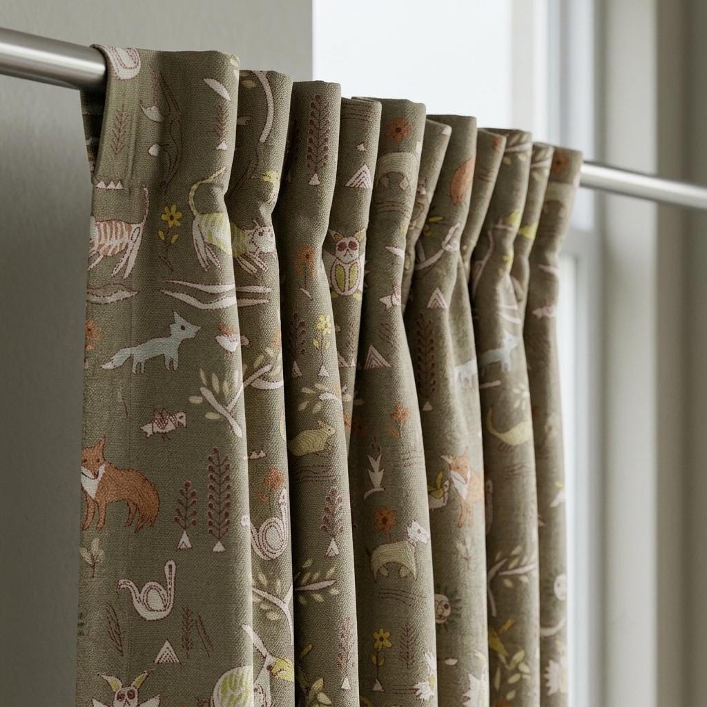 Woodland Animal Pure Linen Curtains, Olive Green Tribal Folk Art Nursery Drapes, Custom Blackout or Light Filtering Panels — image 2