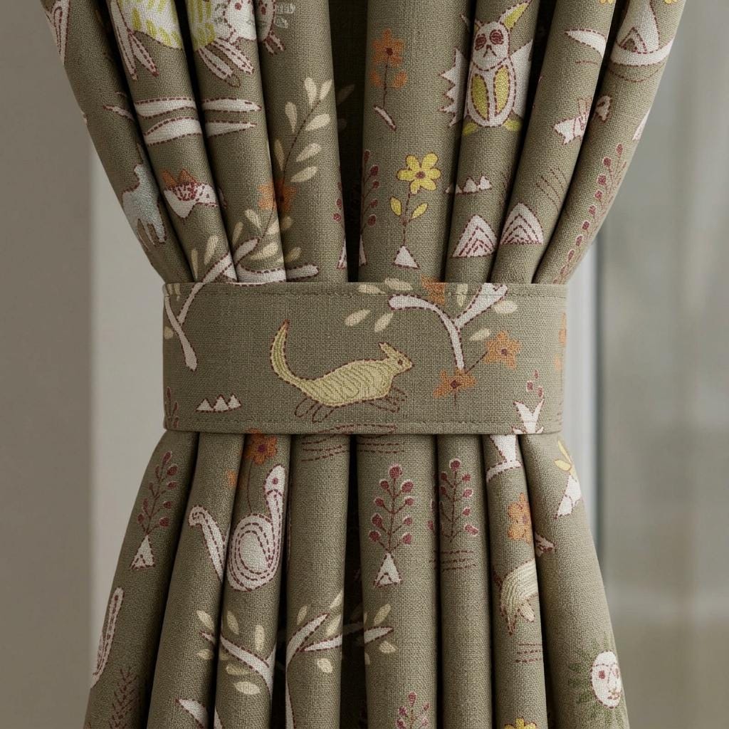 Woodland Animal Pure Linen Curtains, Olive Green Tribal Folk Art Nursery Drapes, Custom Blackout or Light Filtering Panels — image 3