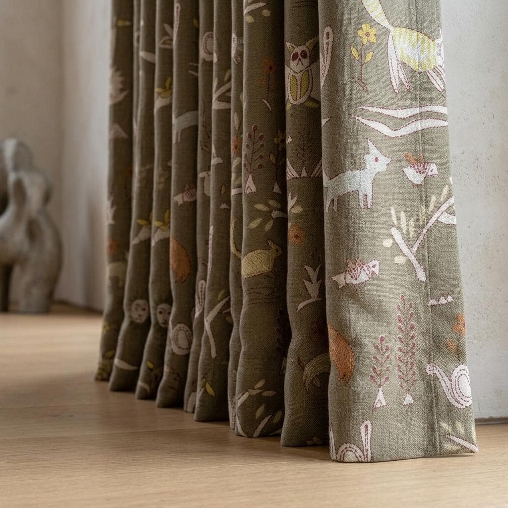 Woodland Animal Pure Linen Curtains, Olive Green Tribal Folk Art Nursery Drapes, Custom Blackout or Light Filtering Panels — image 6
