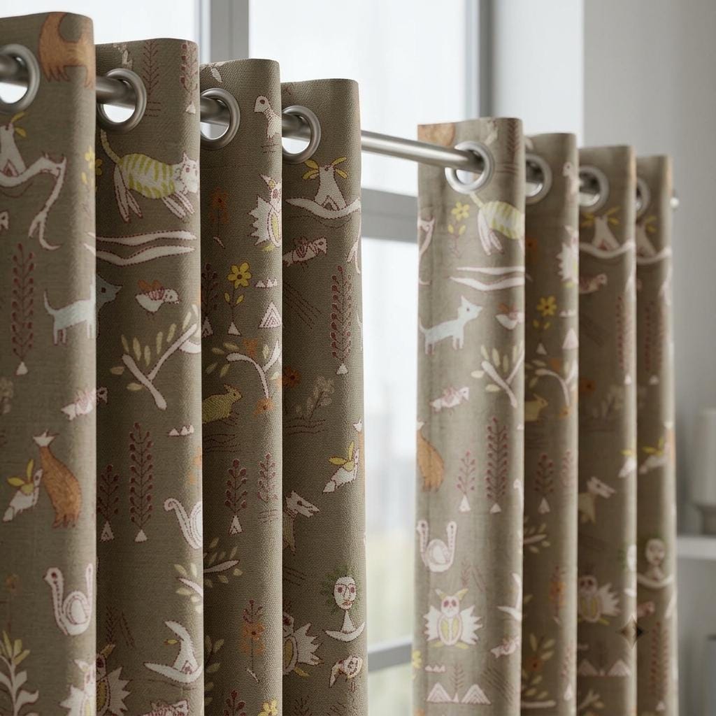 Woodland Animal Pure Linen Curtains, Olive Green Tribal Folk Art Nursery Drapes, Custom Blackout or Light Filtering Panels — image 10