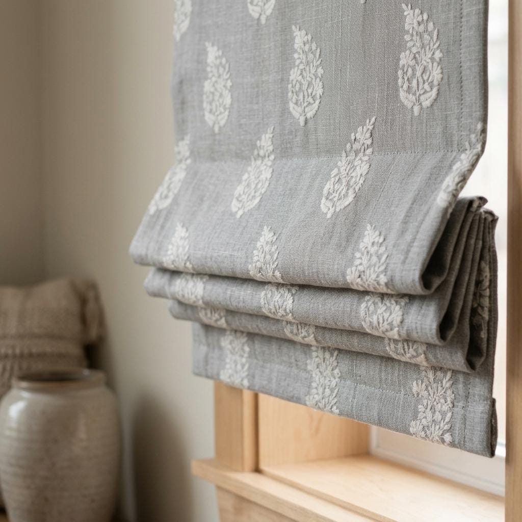 Gray Embroidered Linen Roman Shade, Custom Blackout Roman Blind, Ivory Floral Botanical Window Shades, Corded Fabric Blinds — image 3