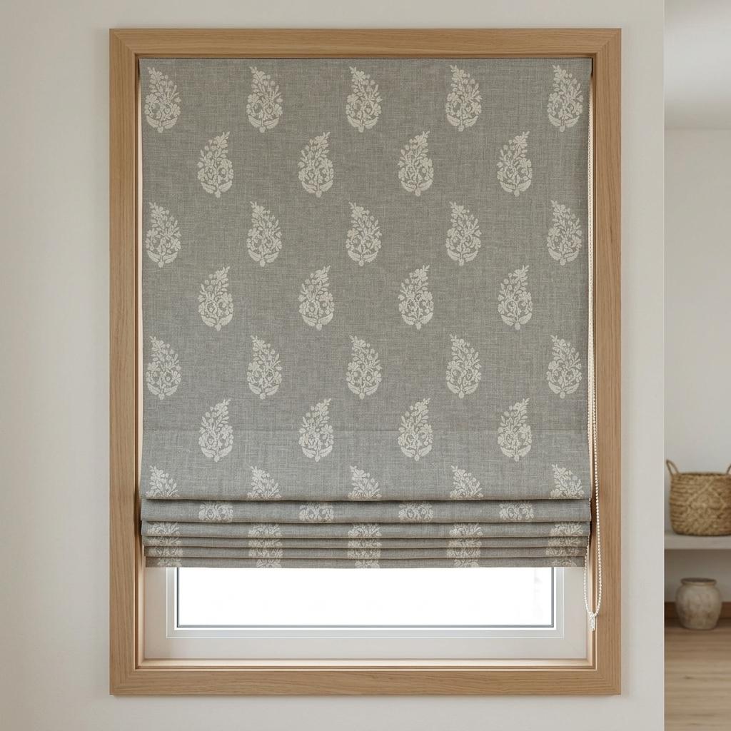 Gray Embroidered Linen Roman Shade, Custom Blackout Roman Blind, Ivory Floral Botanical Window Shades, Corded Fabric Blinds — image 2
