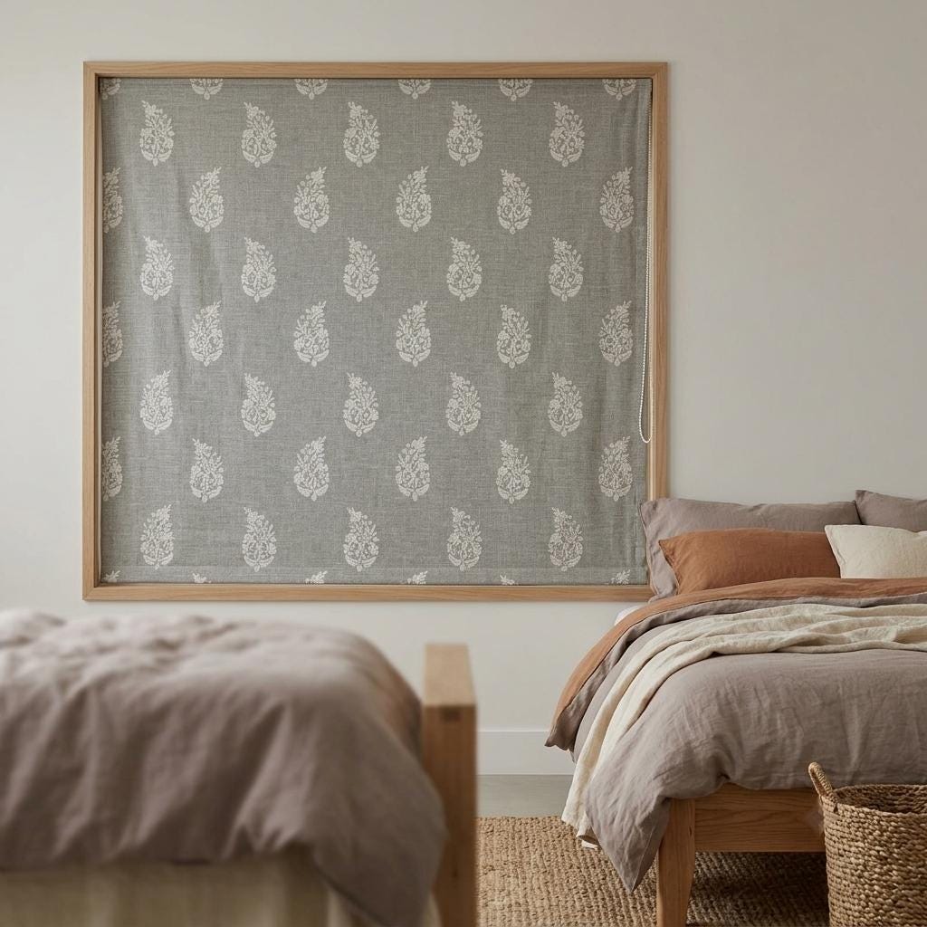 Gray Embroidered Linen Roman Shade, Custom Blackout Roman Blind, Ivory Floral Botanical Window Shades, Corded Fabric Blinds — image 9