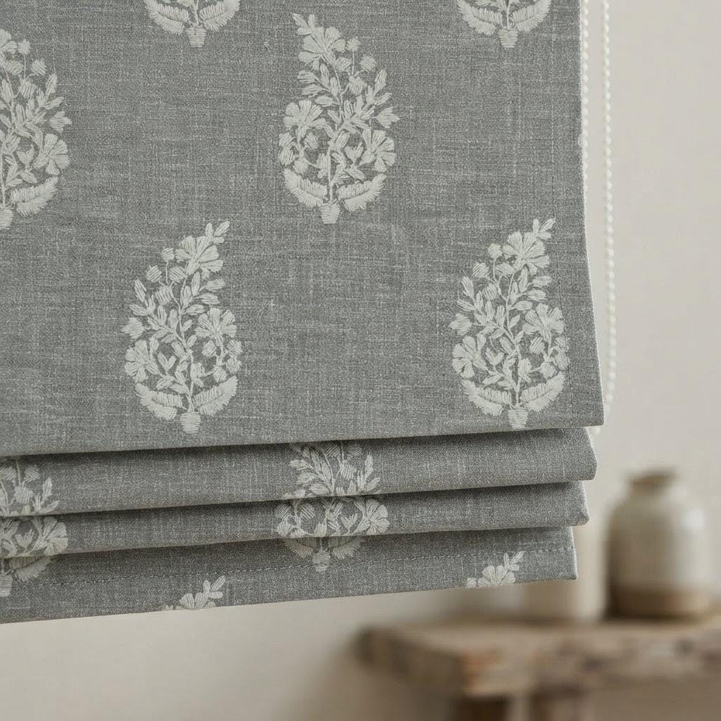 Gray Embroidered Linen Roman Shade, Custom Blackout Roman Blind, Ivory Floral Botanical Window Shades, Corded Fabric Blinds — image 1