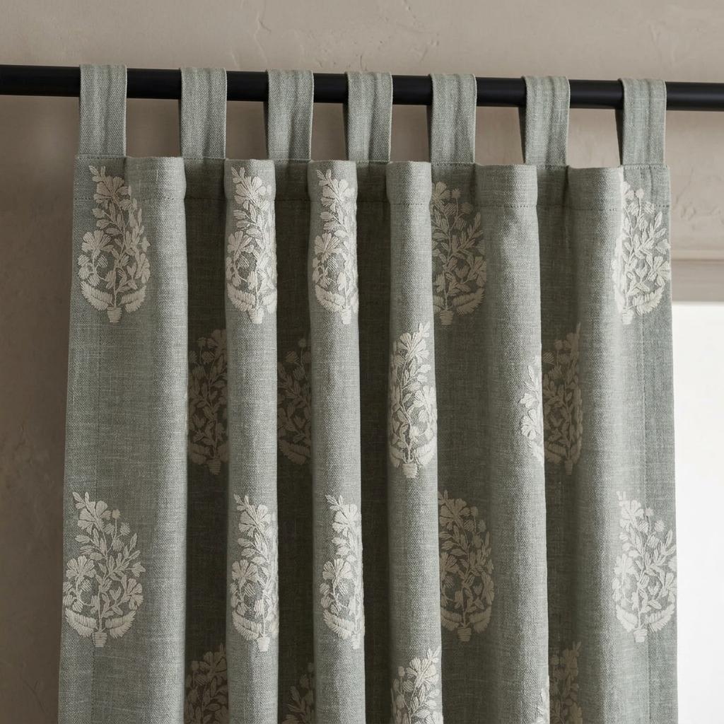 Gray Pure Linen Embroidered Curtains, Ivory Floral Botanical Drapes, Custom Blackout or Cotton Lined Panels — image 8