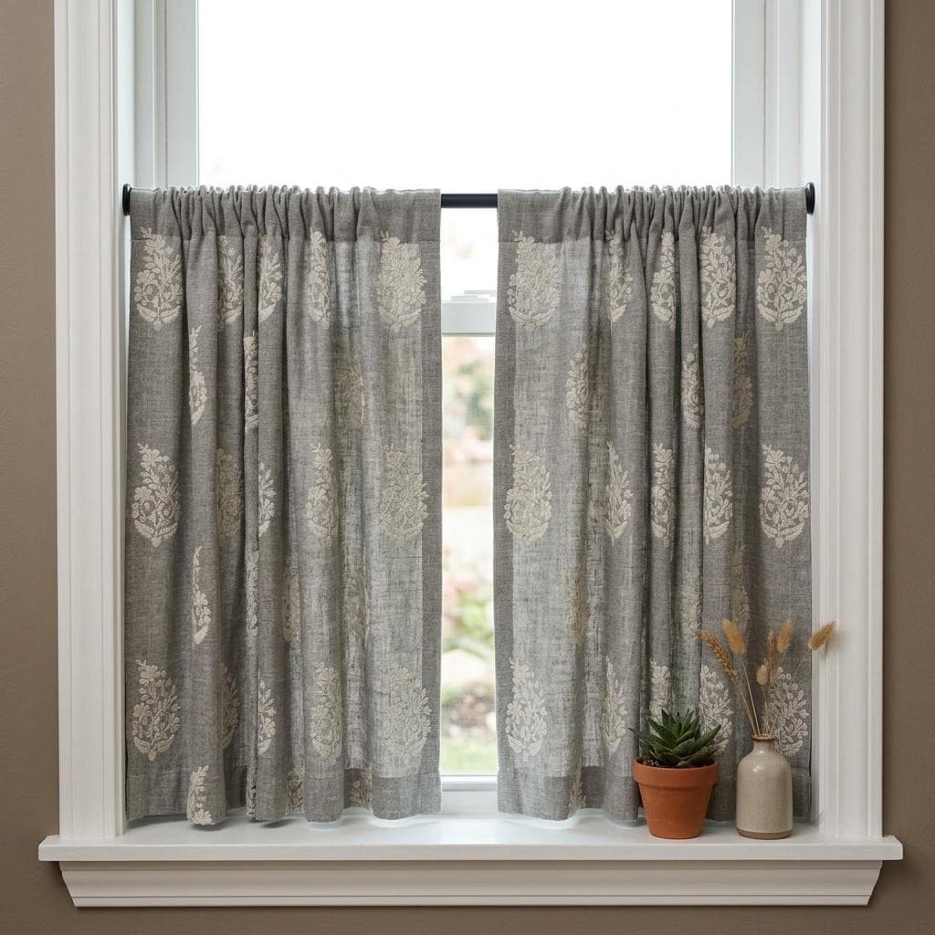 Gray Pure Linen Embroidered Curtains, Ivory Floral Botanical Drapes, Custom Blackout or Cotton Lined Panels — image 10