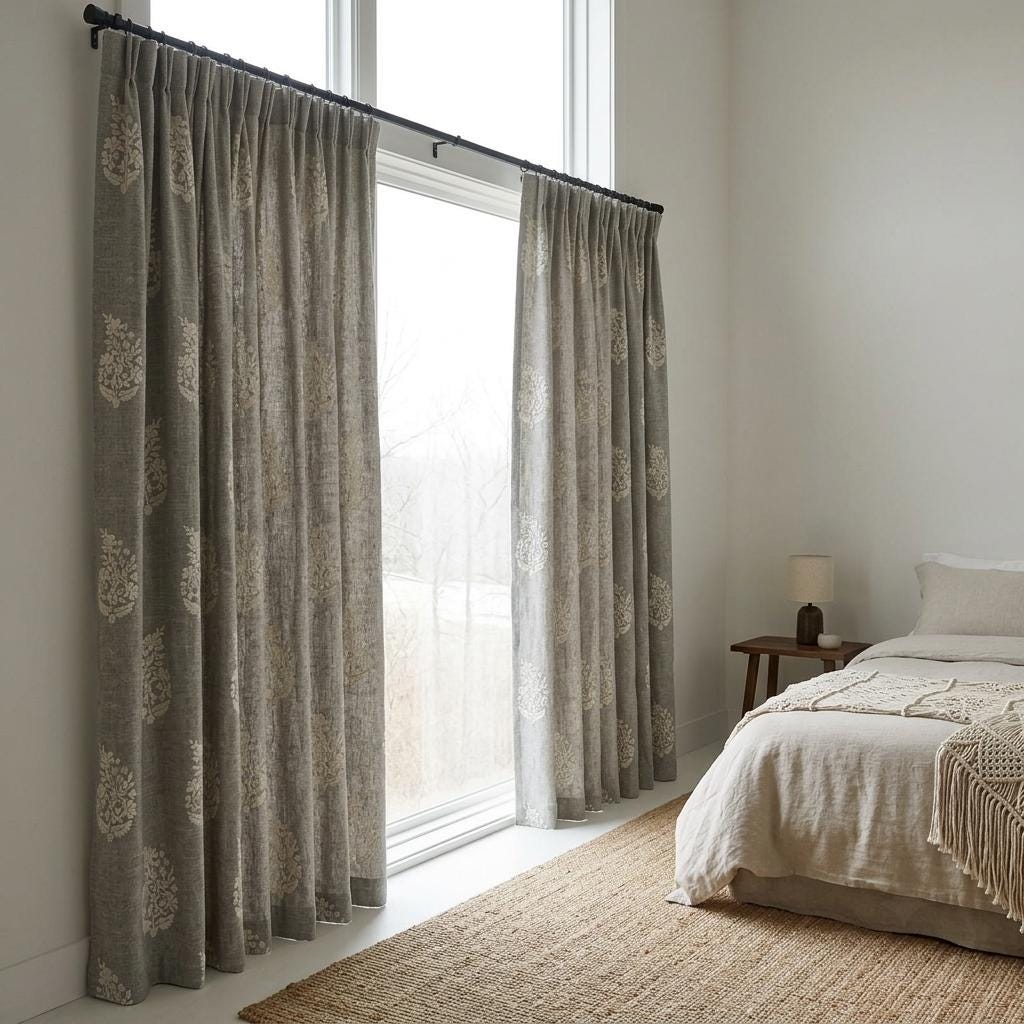 Gray Pure Linen Embroidered Curtains, Ivory Floral Botanical Drapes, Custom Blackout or Cotton Lined Panels — image 9