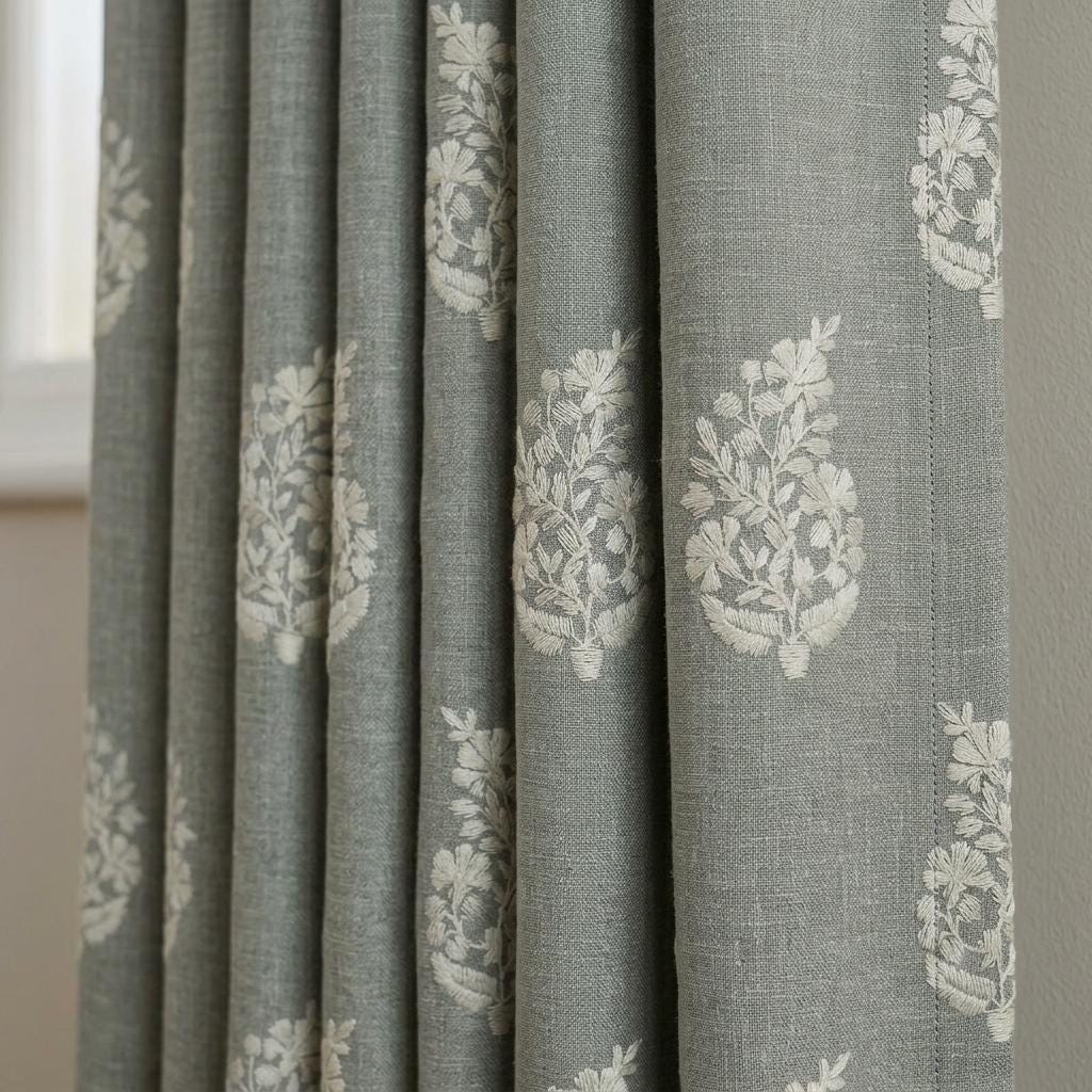 Gray Pure Linen Embroidered Curtains, Ivory Floral Botanical Drapes, Custom Blackout or Cotton Lined Panels — image 3