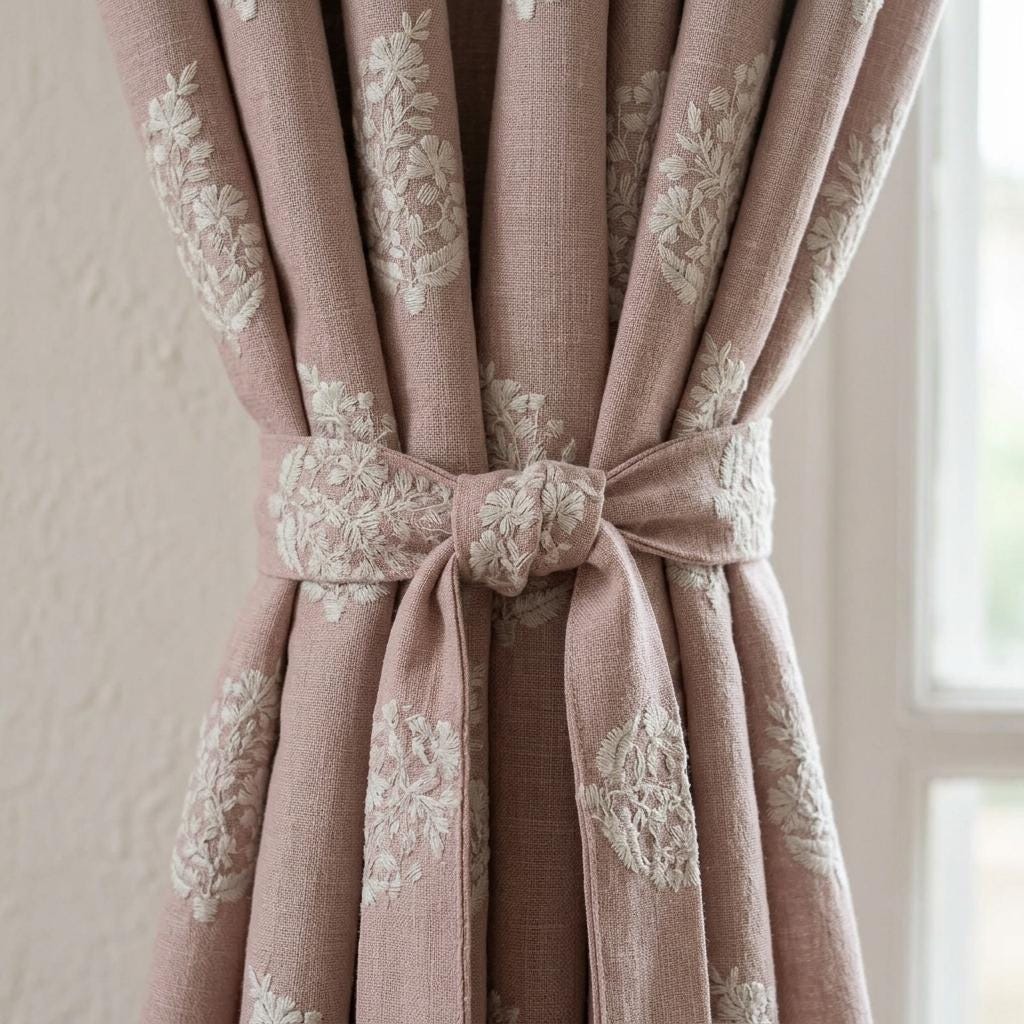 Dusty Rose Pink Heavy Pure Linen Curtains, Ivory Floral Embroidered Drapes, Custom Blackout or Cotton Lined Cafe Curtains — image 1