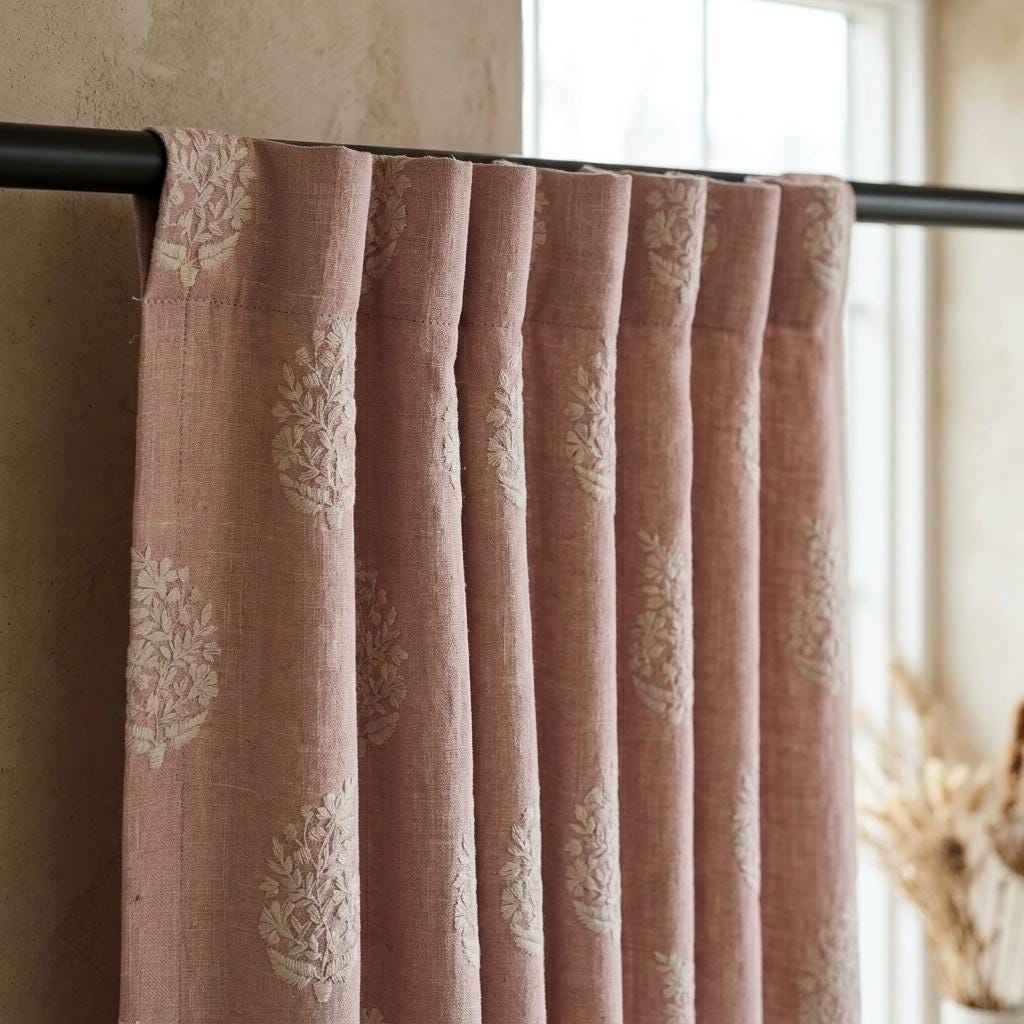 Dusty Rose Pink Heavy Pure Linen Curtains, Ivory Floral Embroidered Drapes, Custom Blackout or Cotton Lined Cafe Curtains — image 3