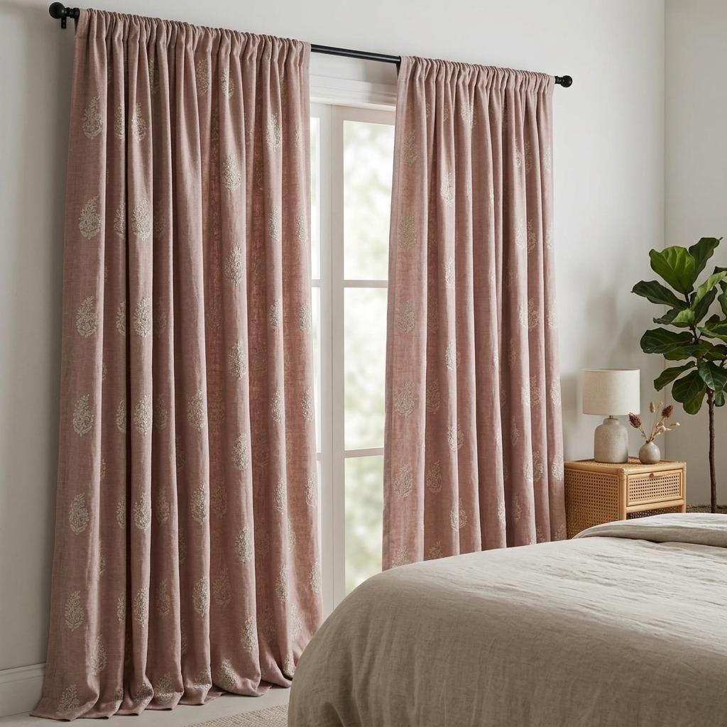 Dusty Rose Pink Heavy Pure Linen Curtains, Ivory Floral Embroidered Drapes, Custom Blackout or Cotton Lined Cafe Curtains — image 6