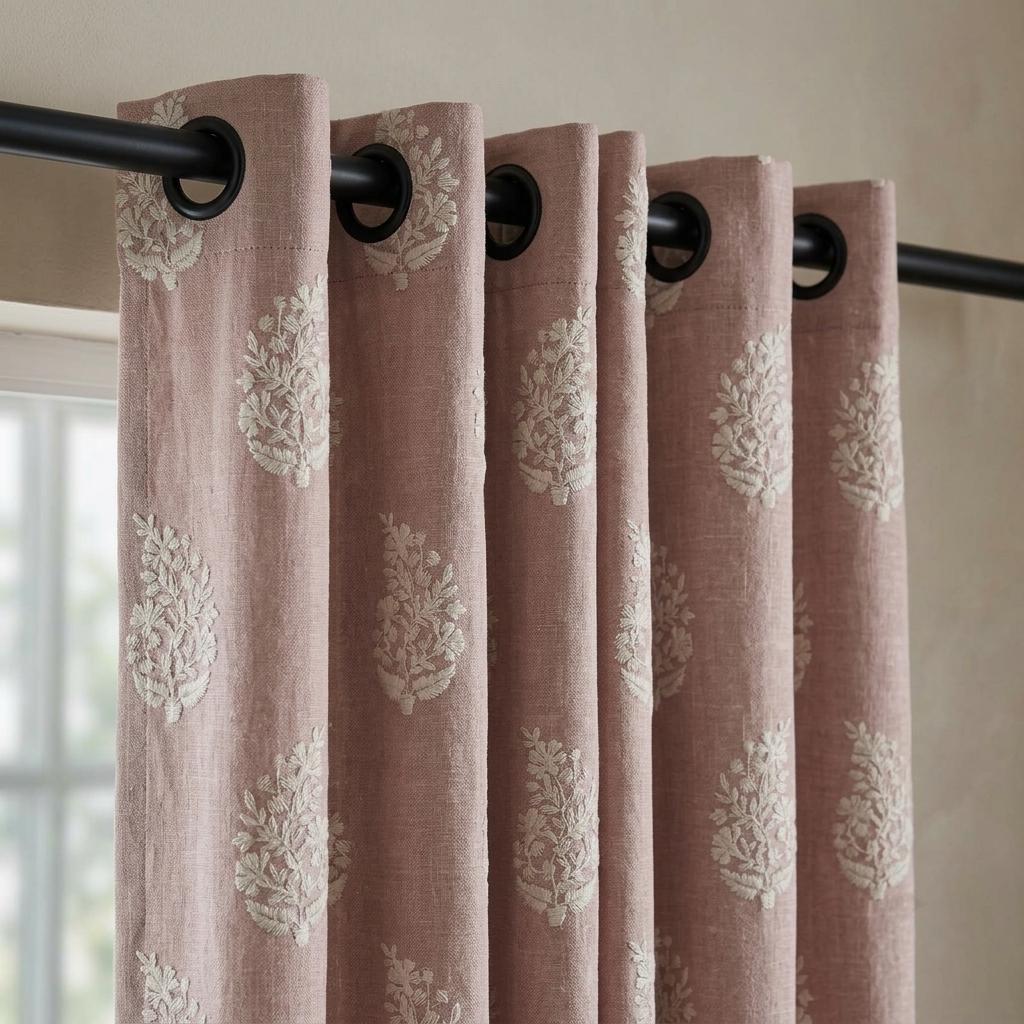 Dusty Rose Pink Heavy Pure Linen Curtains, Ivory Floral Embroidered Drapes, Custom Blackout or Cotton Lined Cafe Curtains — image 9
