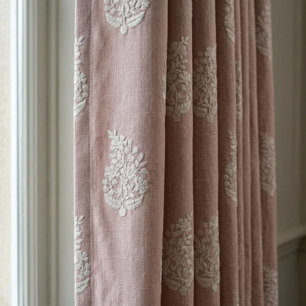Dusty Rose Pink Heavy Pure Linen Curtains, Ivory Floral Embroidered Drapes, Custom Blackout or Cotton Lined Cafe Curtains — image 1