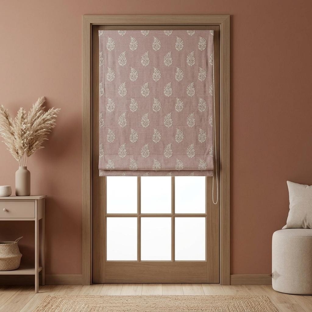 Blush Pink Linen Roman Shade, Ivory Embroidered Floral Paisley Roman Blind, Custom Size Blackout Corded Window Shade — image 2