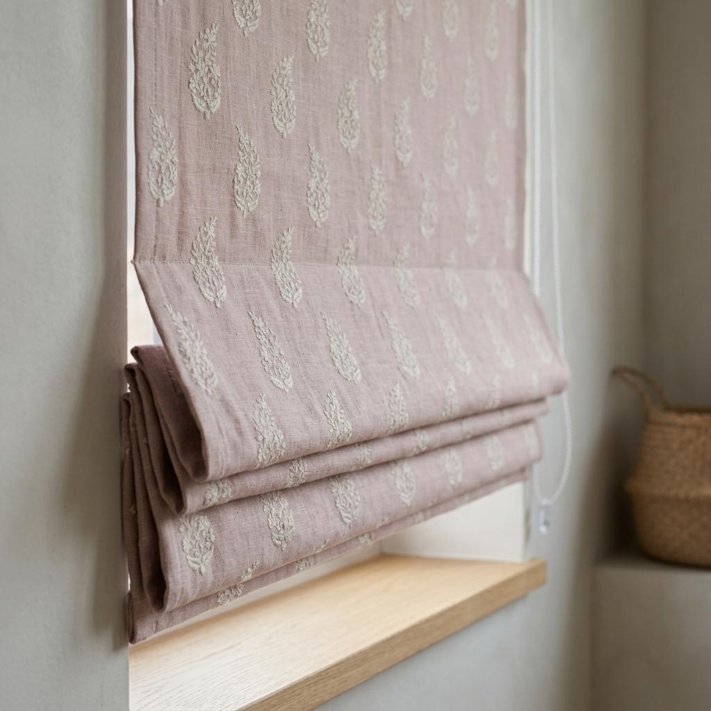 Blush Pink Linen Roman Shade, Ivory Embroidered Floral Paisley Roman Blind, Custom Size Blackout Corded Window Shade — image 4