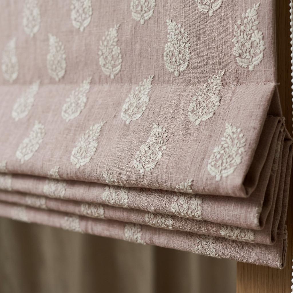 Blush Pink Linen Roman Shade, Ivory Embroidered Floral Paisley Roman Blind, Custom Size Blackout Corded Window Shade — image 3