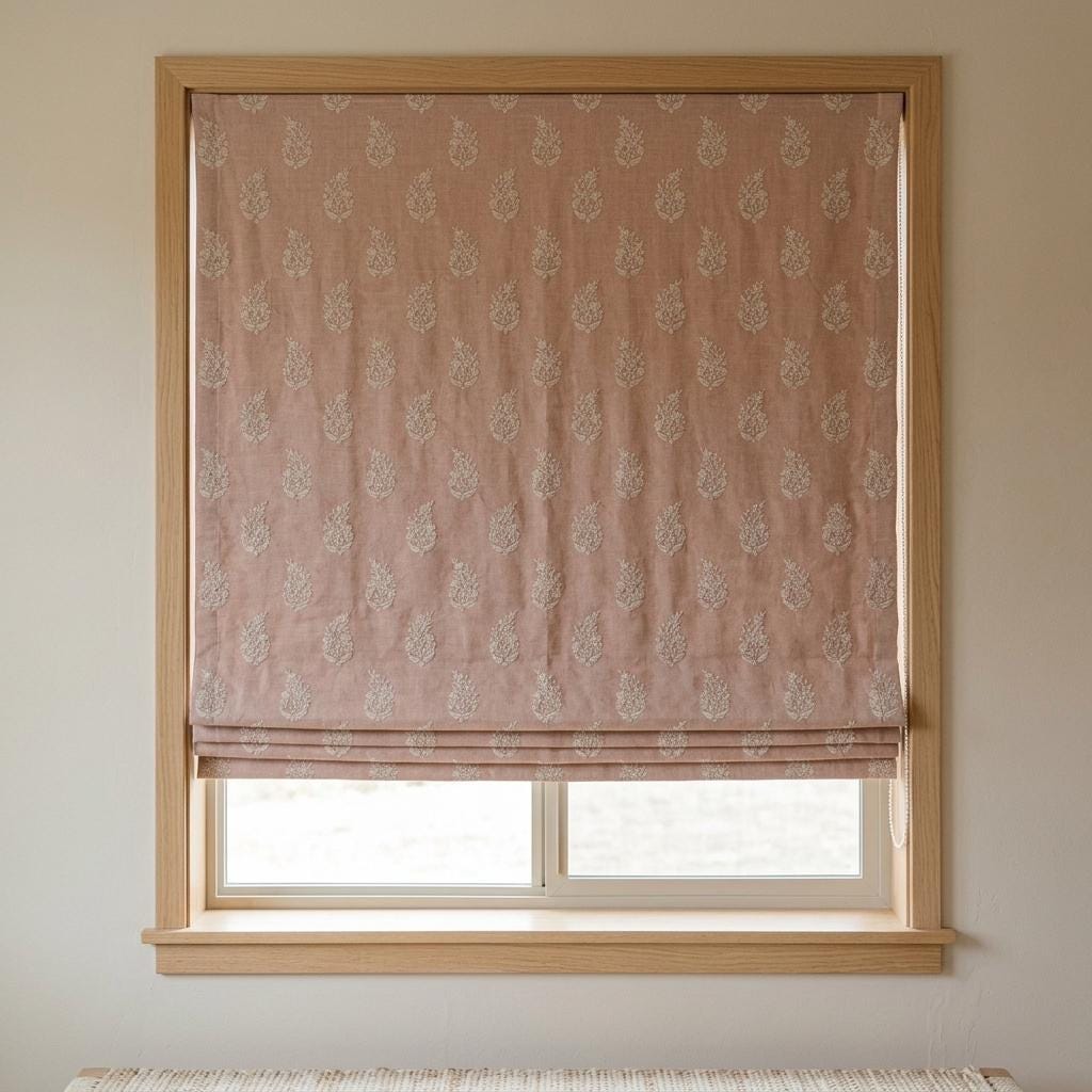Blush Pink Linen Roman Shade, Ivory Embroidered Floral Paisley Roman Blind, Custom Size Blackout Corded Window Shade — image 9